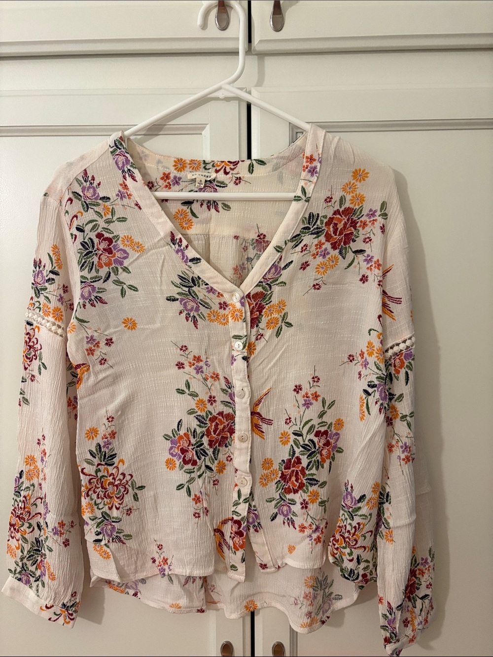 Floral V-Neck Button-Down Blouse in Cream